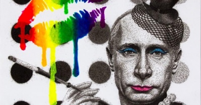Obra del artista Nicholas Schleif que contiene un retrato de Putin realizado con pólvora quemada sobre lienzo